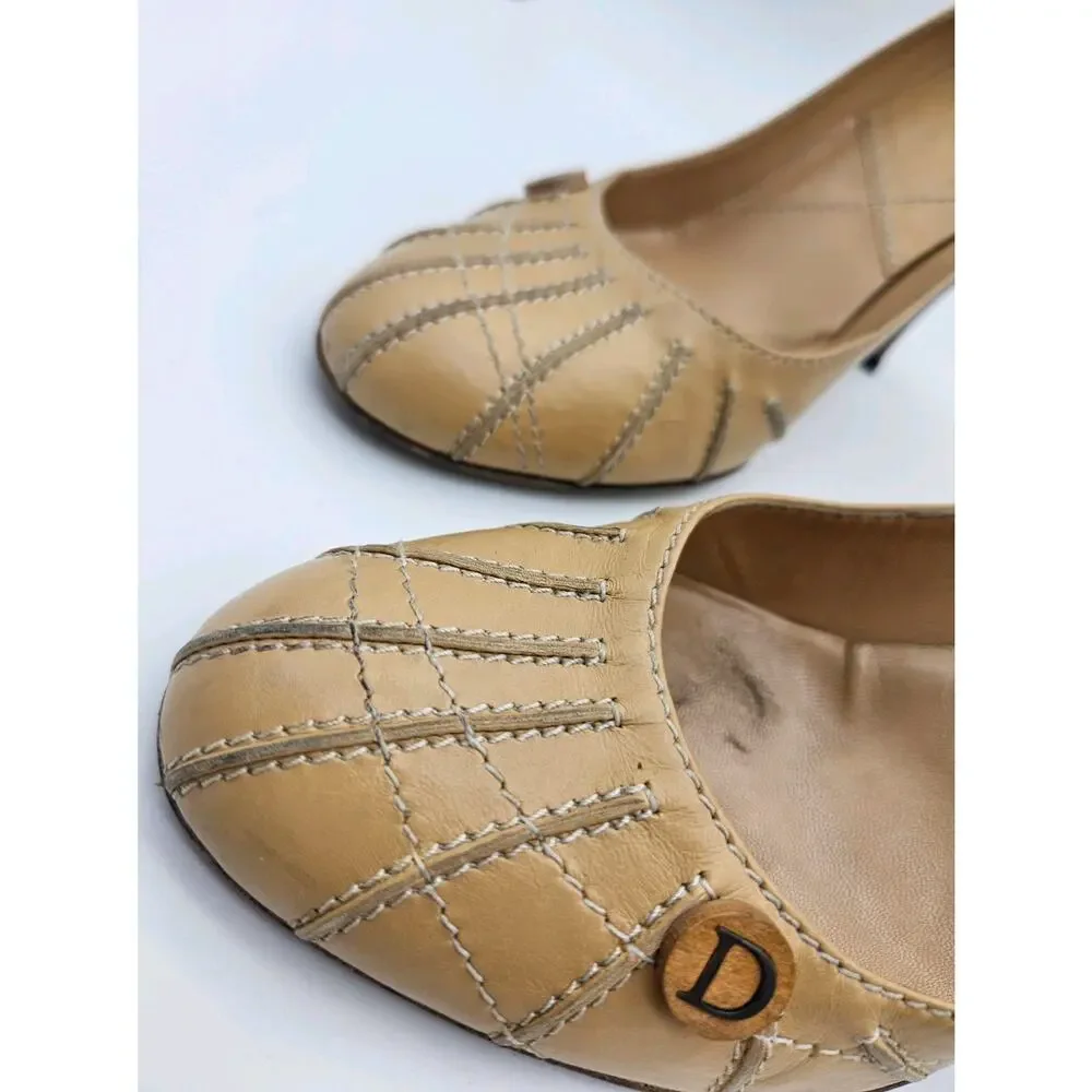 Vintage Dior Camel Leather Pumps with Wood/Metal Heel John Galliano Era sz 40